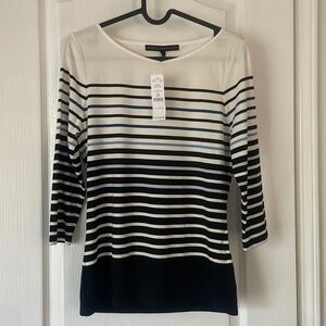 NWT- White House Black Market Striped Ivory/Blue/Black 3/4 Sleeves Boat Neck Top